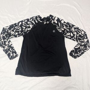 Hurley Black & White Floral Rash Guard UVF 50 Protection Ringer Style Surf Beach